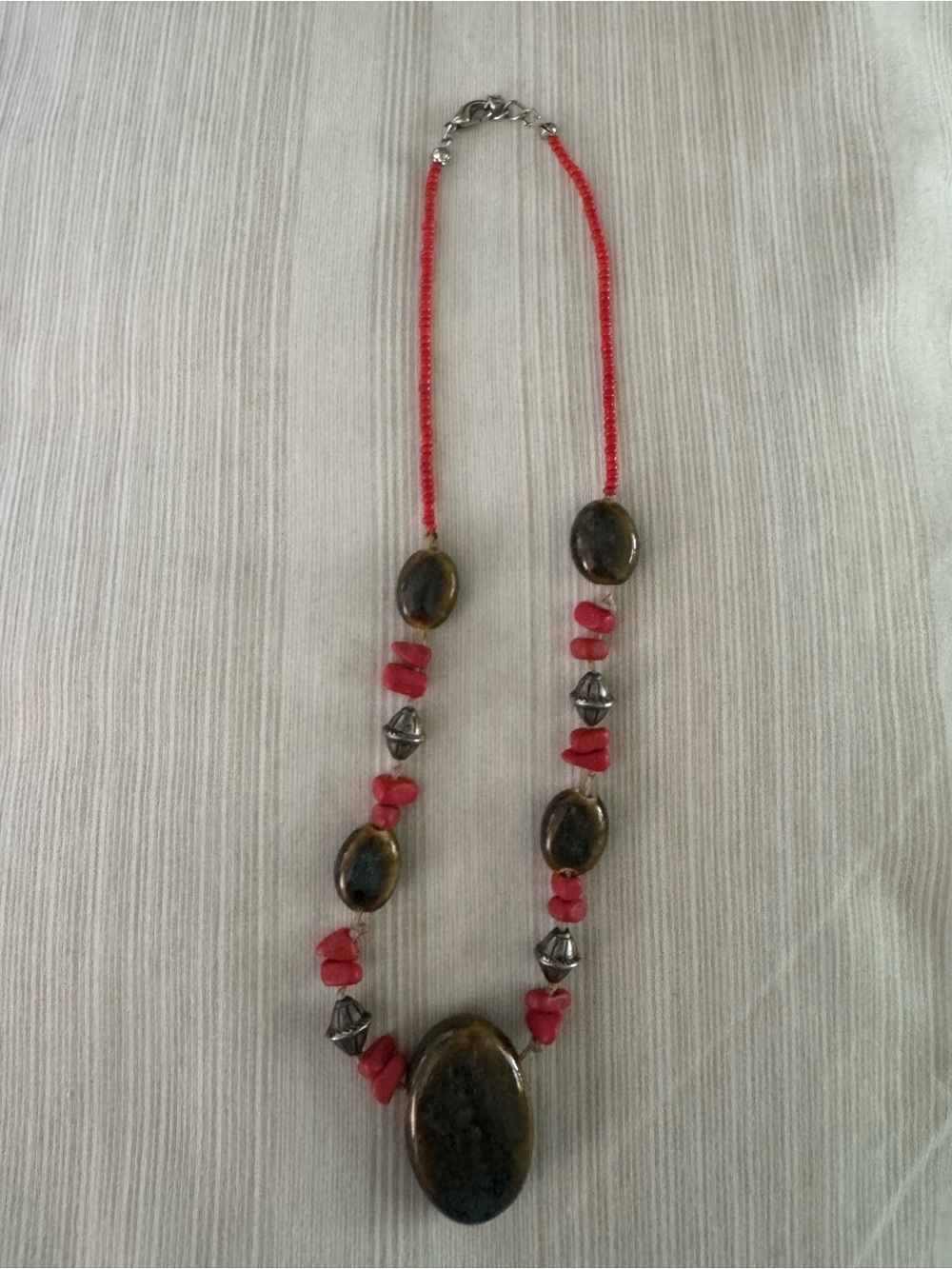 Coral Beaded Necklace with Brown Stone Pendant
